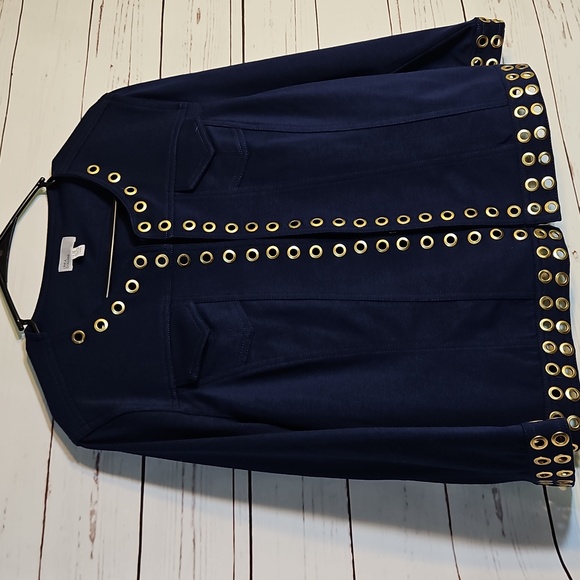 Linea Domani Jacket Large Gold Grommet Trim Navy Blue‎ Career Work,Large - Picture 3 of 8